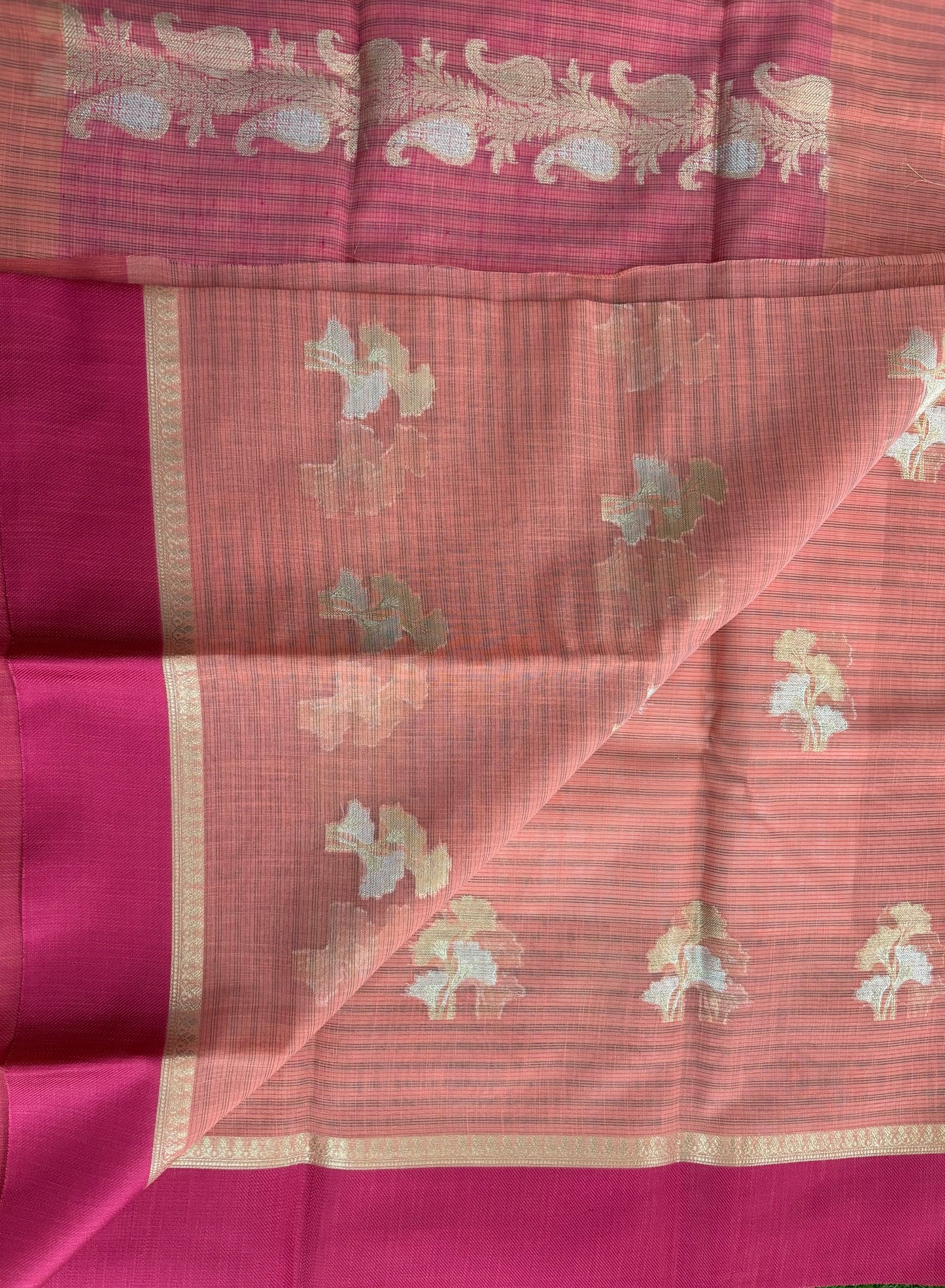 Peach Soft Kora Banarasi saree with satin borders