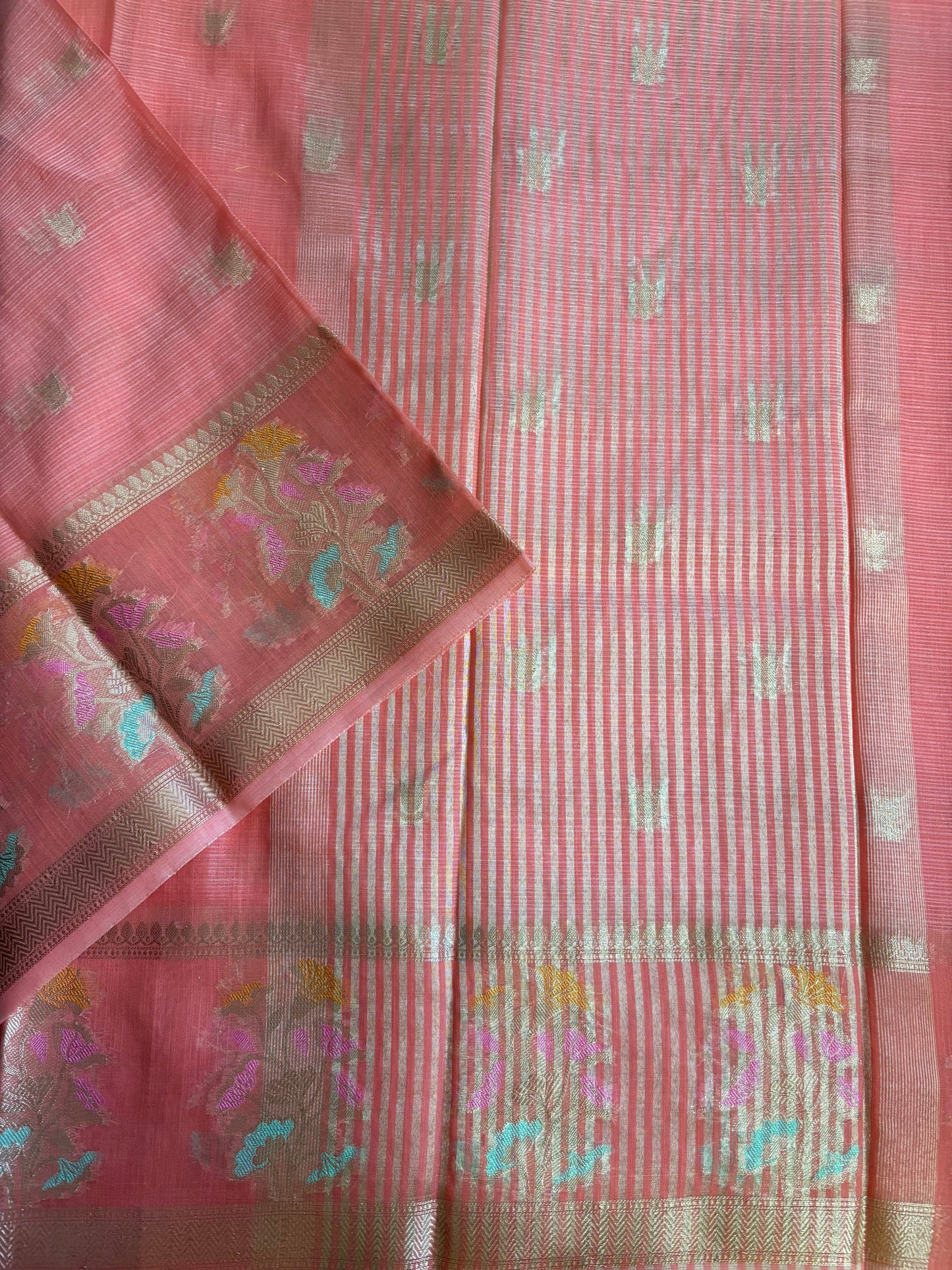 Pinkish orange Kora Banaras saree