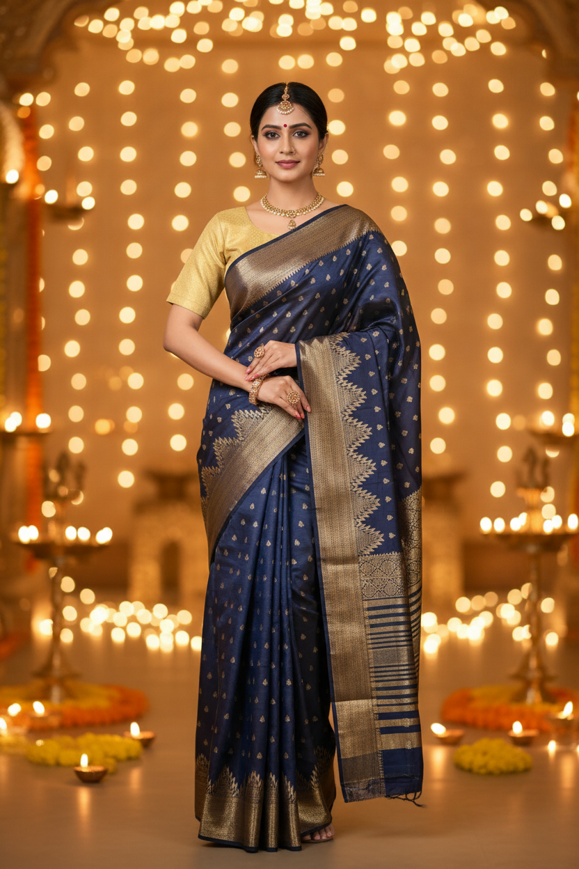 Midnight blue semi tussar silk saree