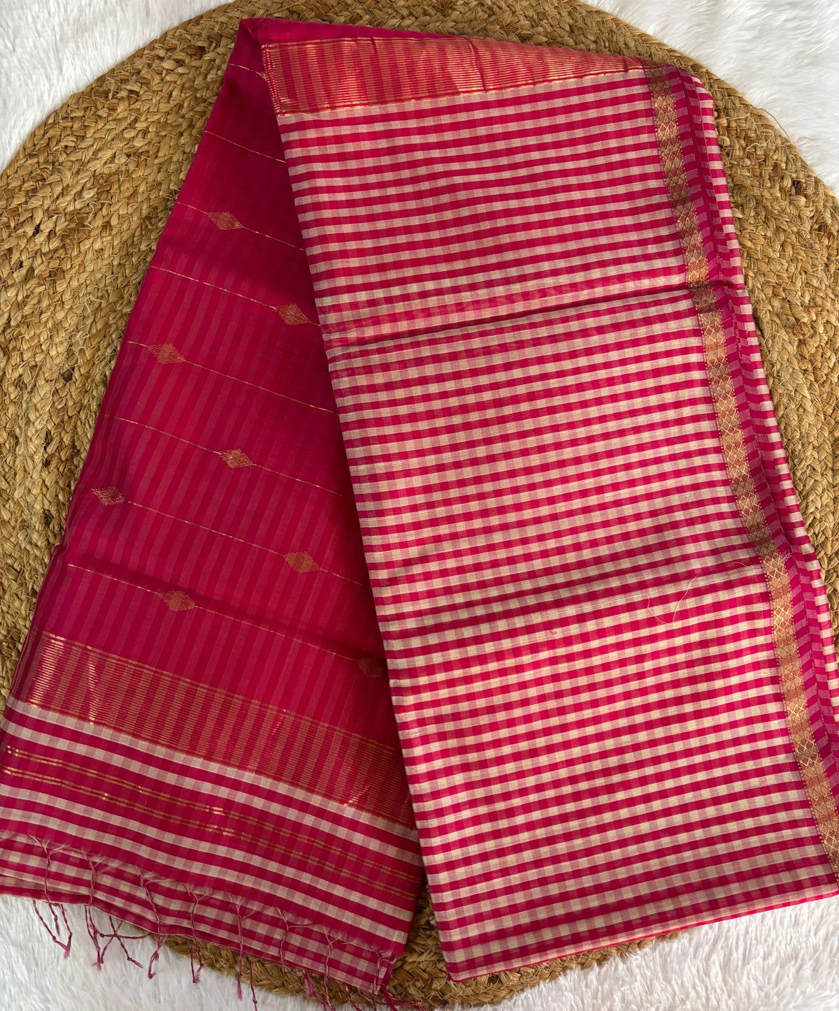 Pink Madras checks Maheshwari silk cotton sari