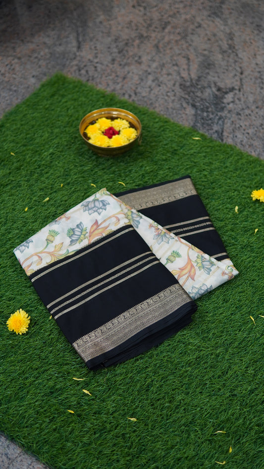 Semi Mysore Crepe white and black