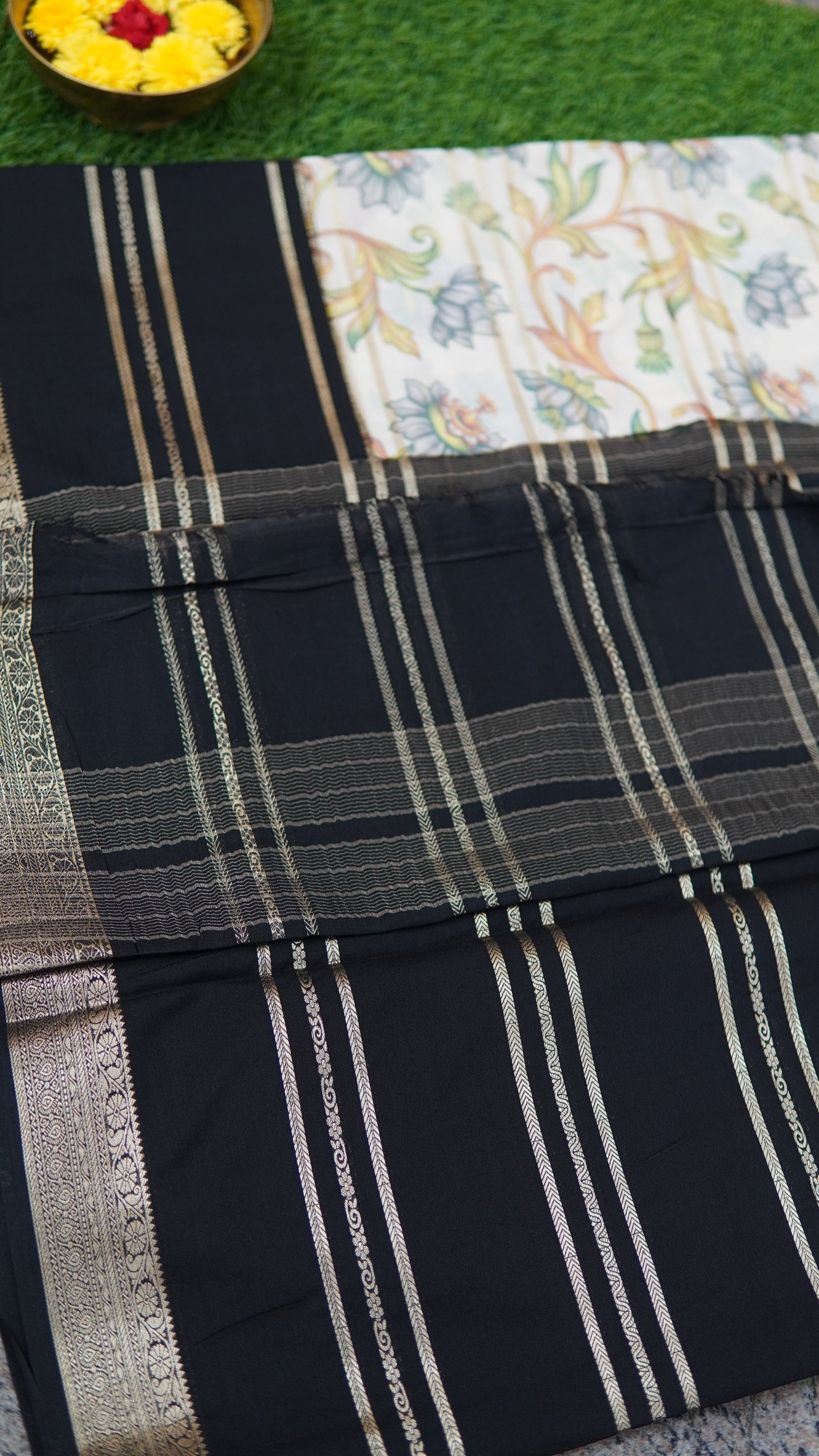 Semi Mysore Crepe white and black