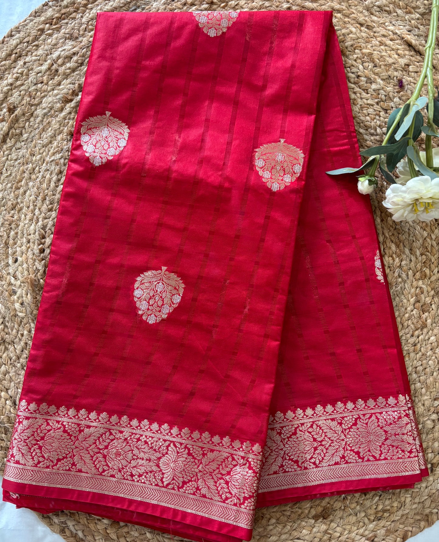 Red Chinnon checks saree