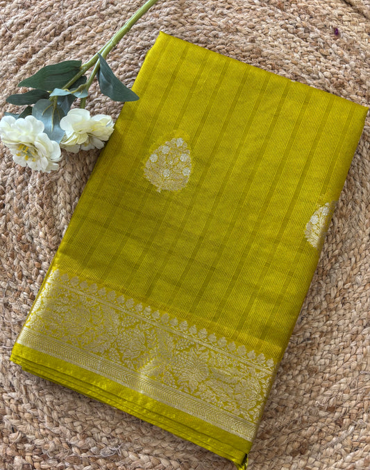Lemon green Chinnon checks saree
