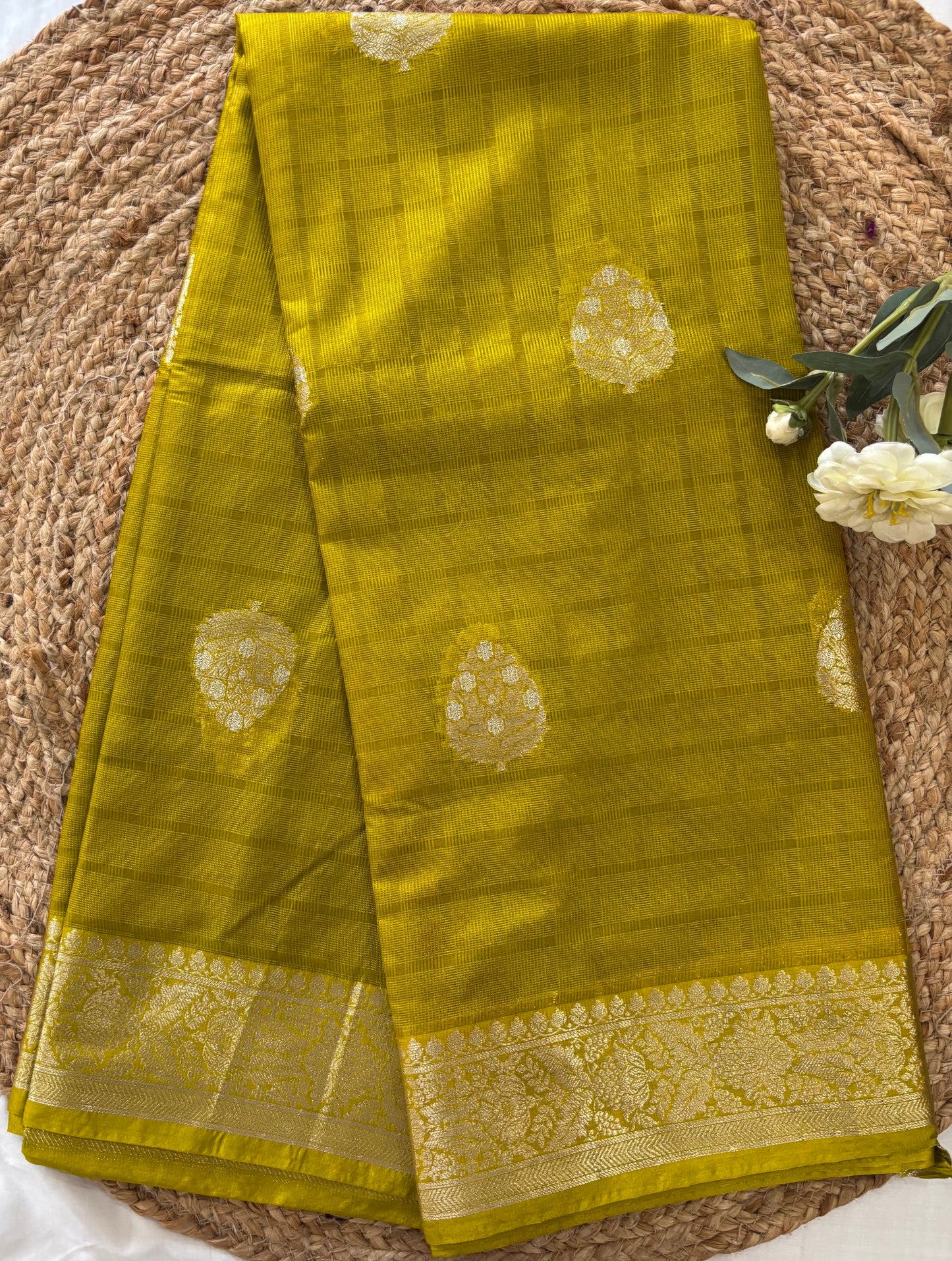 Lemon green Chinnon checks saree