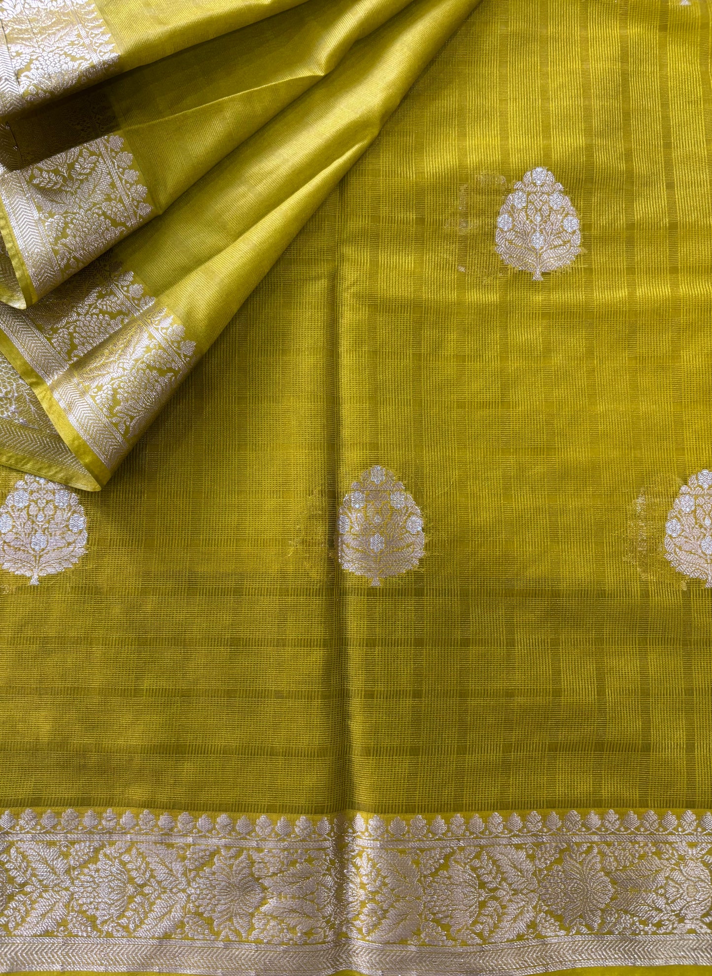 Lemon green Chinnon checks saree