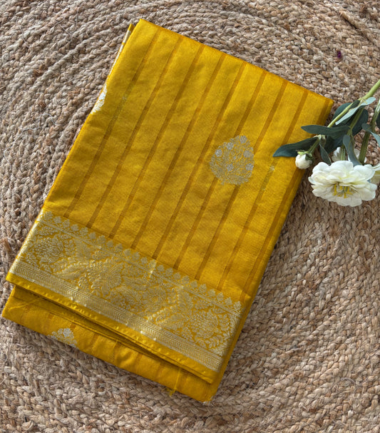 Mustard yellow Chinnon checks saree