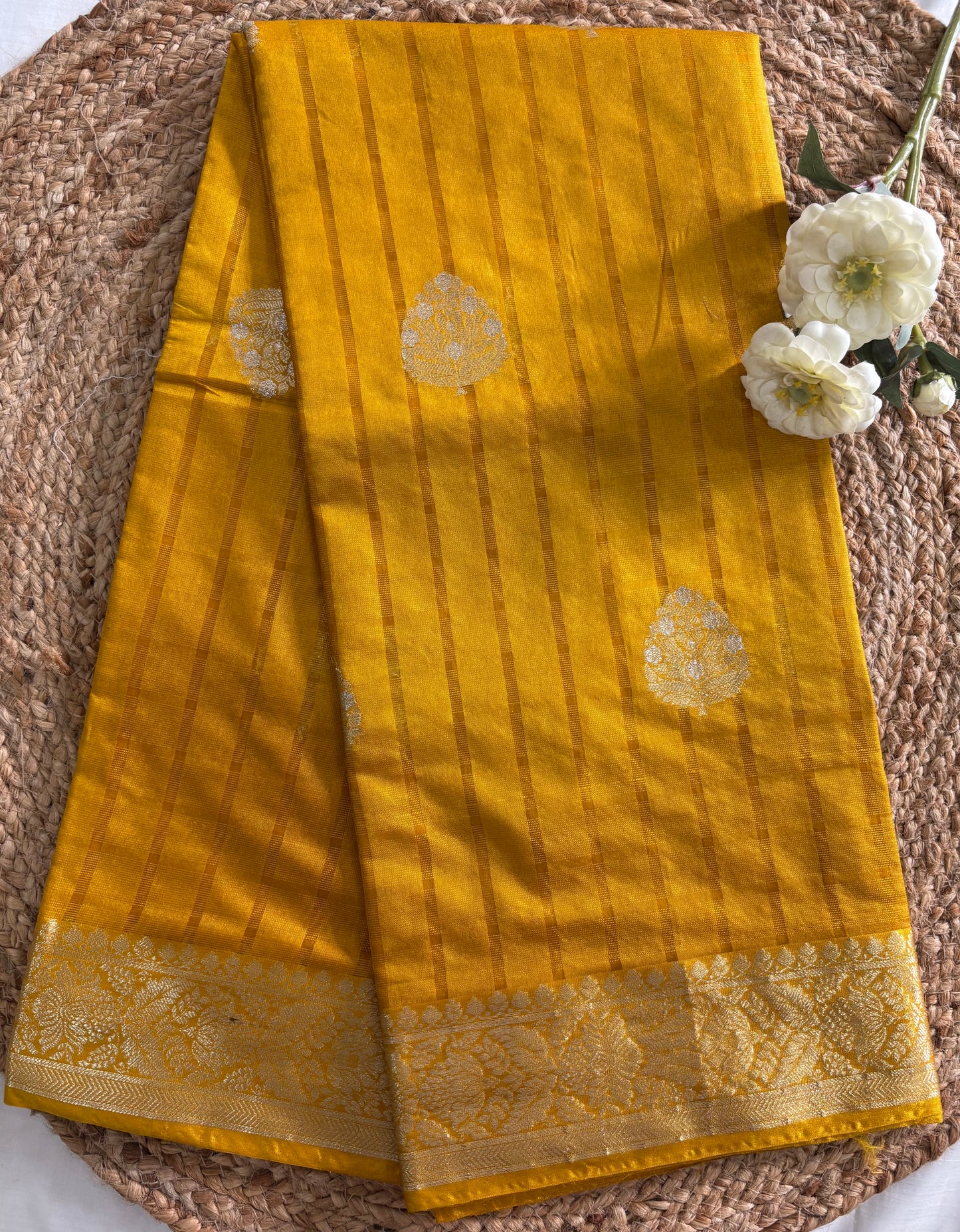 Mustard yellow Chinnon checks saree