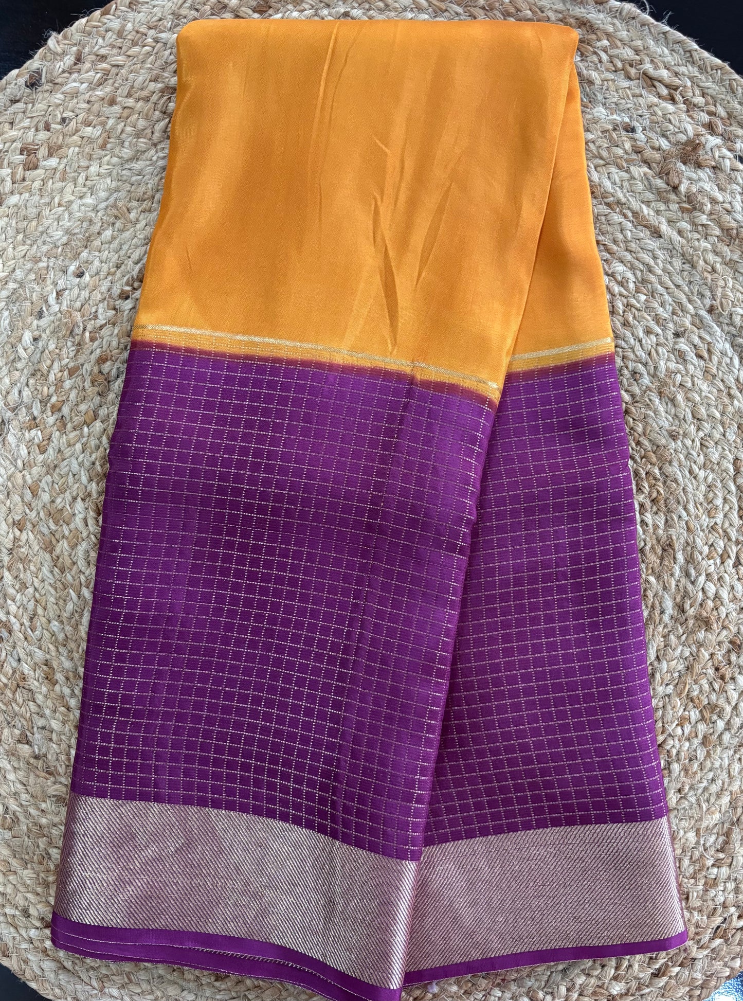 Yellow with purple Viscose crepe silk saree