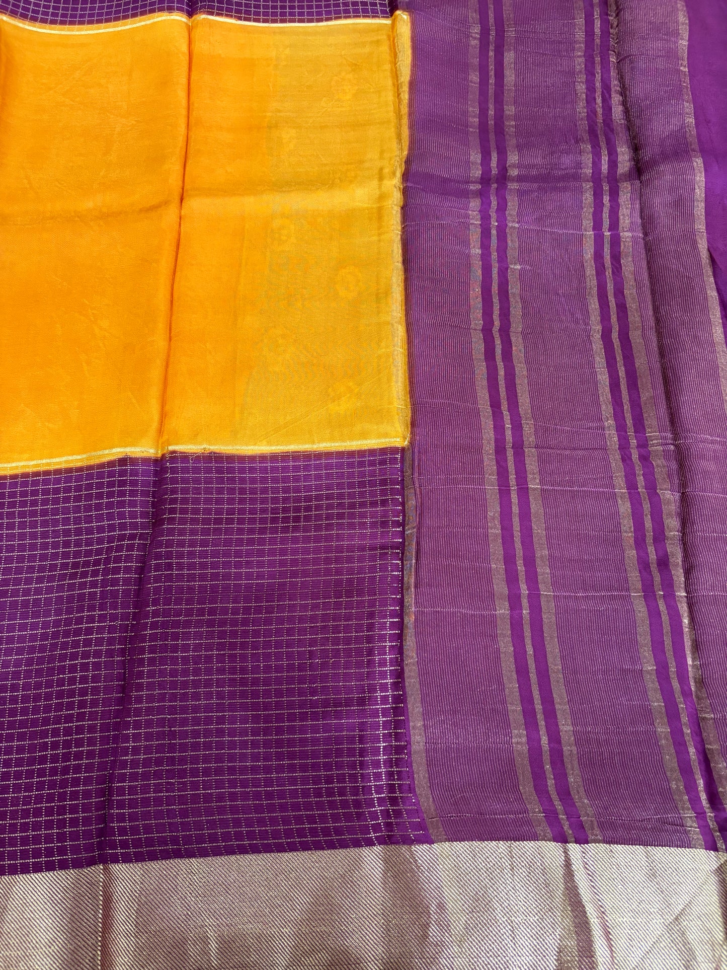 Yellow with purple Viscose crepe silk saree