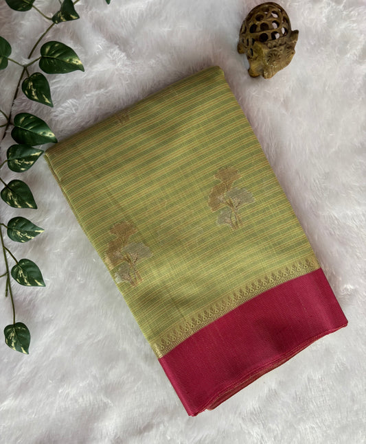 Lemon green Soft Kora Banarasi saree with satin border