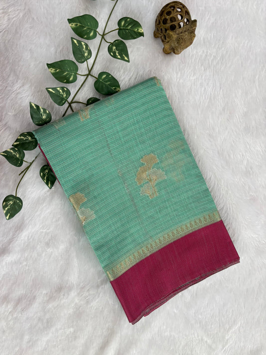 Rama green soft kora banarasi saree with satin borders