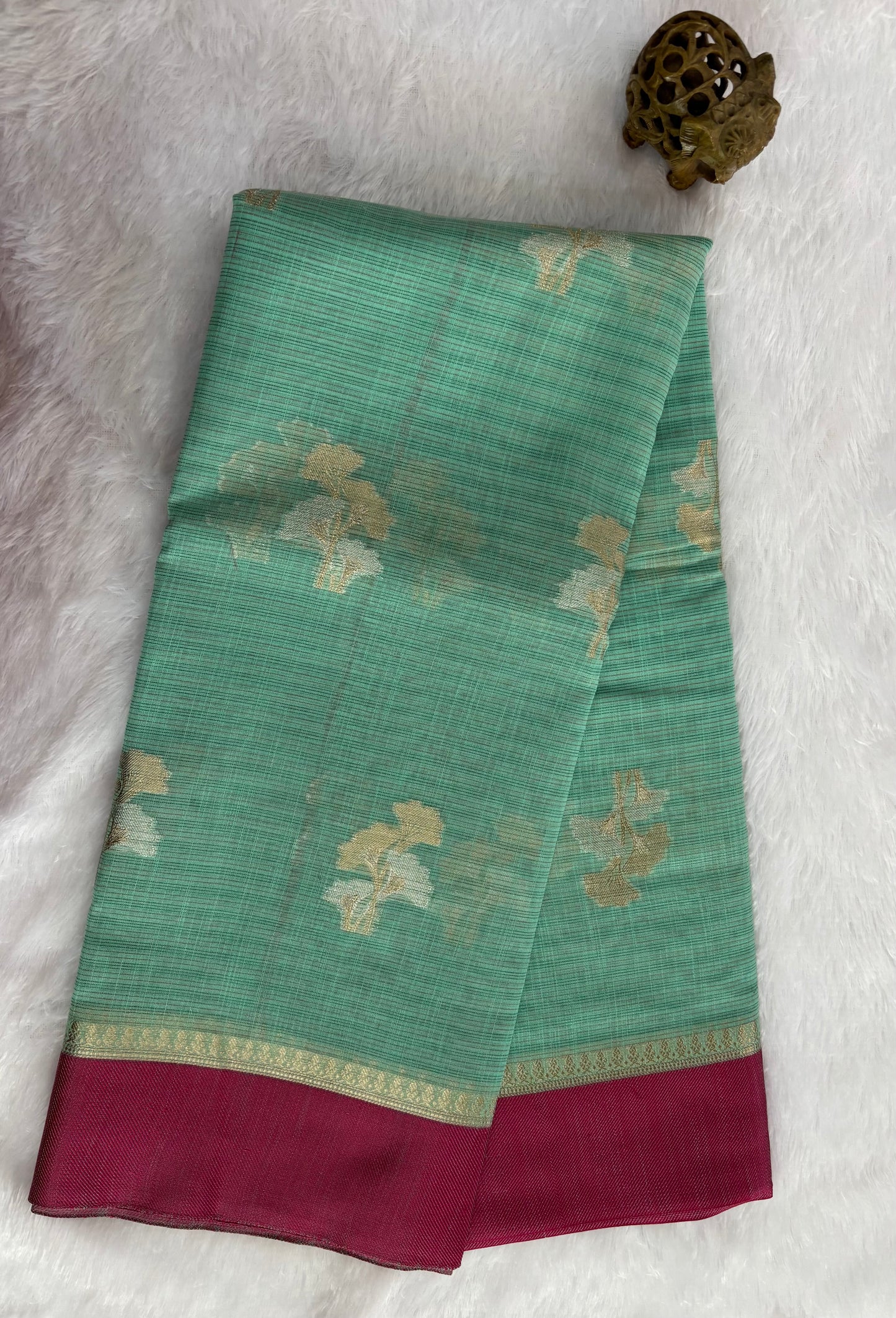 Rama green soft kora banarasi saree with satin borders