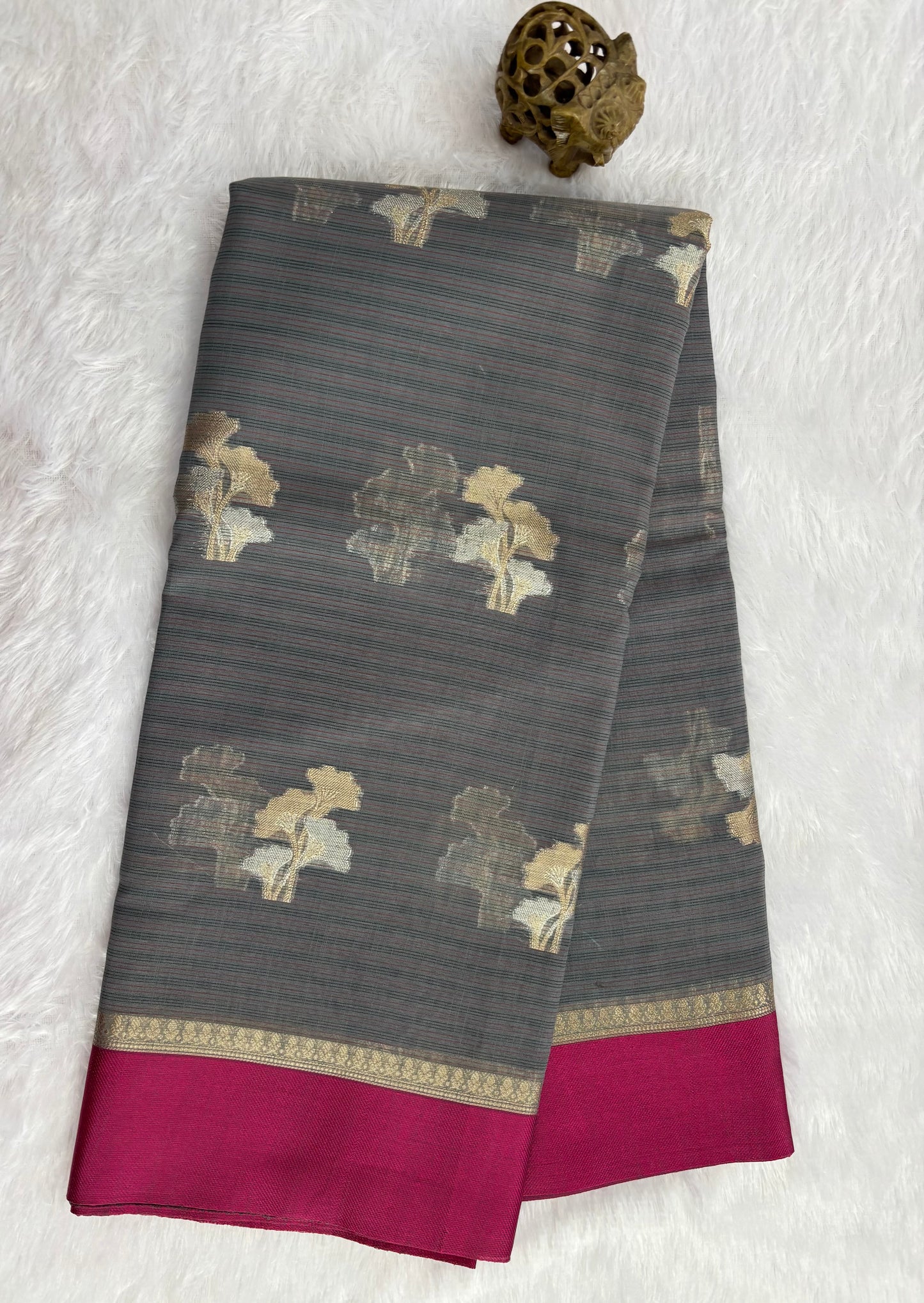 Elephant grey Kora Banarasi saree with satin borders