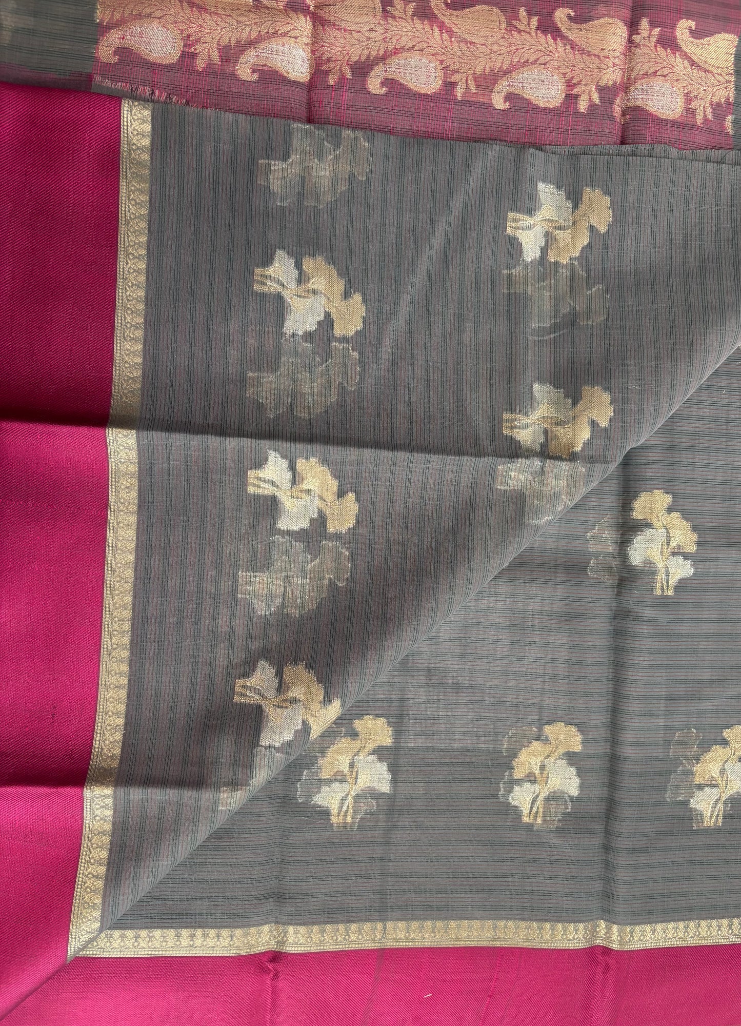 Elephant grey Kora Banarasi saree with satin borders