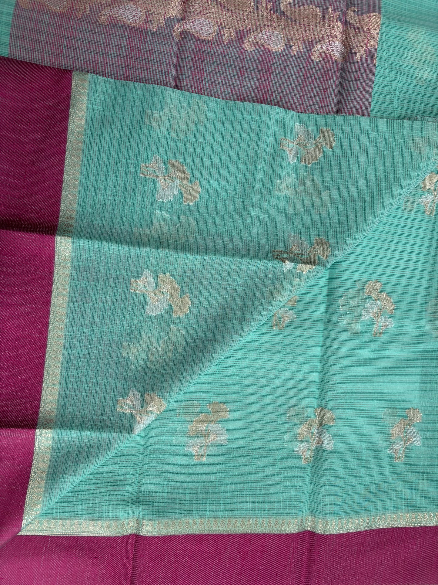 Rama green soft kora banarasi saree with satin borders