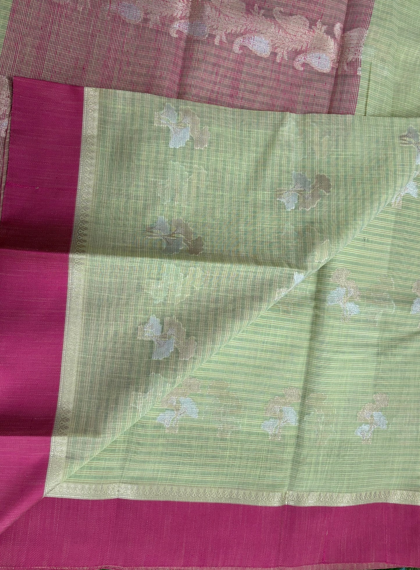 Lemon green Soft Kora Banarasi saree with satin border