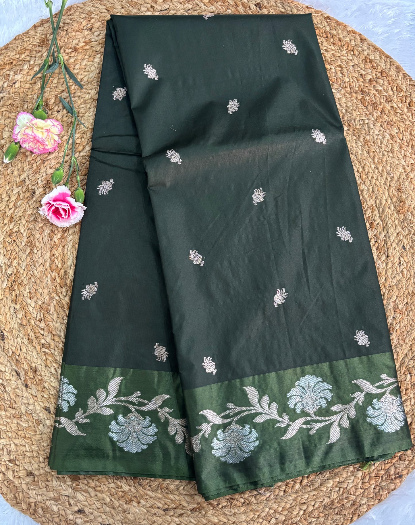 Bottle green Semi raw mango silk saree