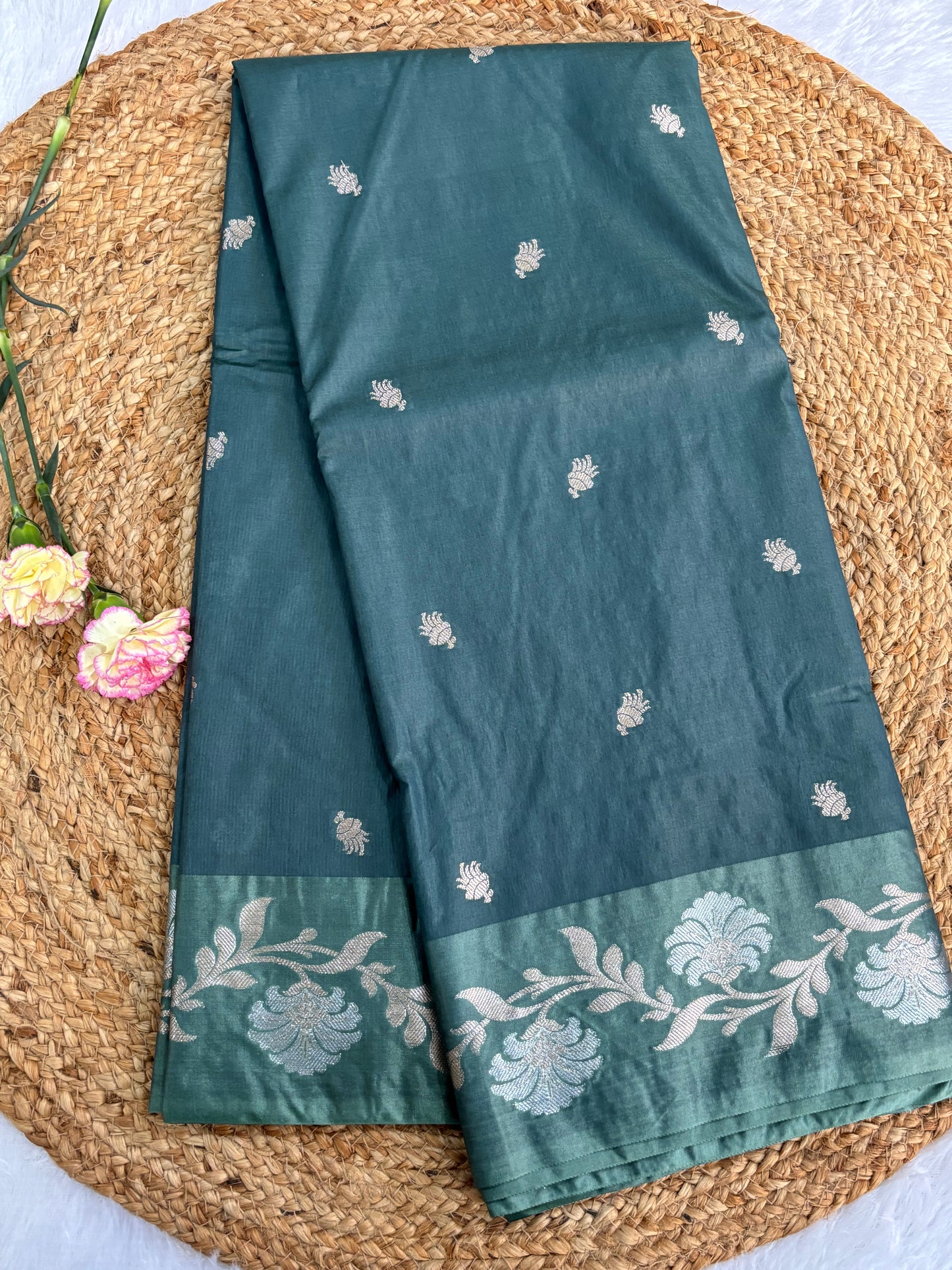 Teal blue Semi raw mango silk saree