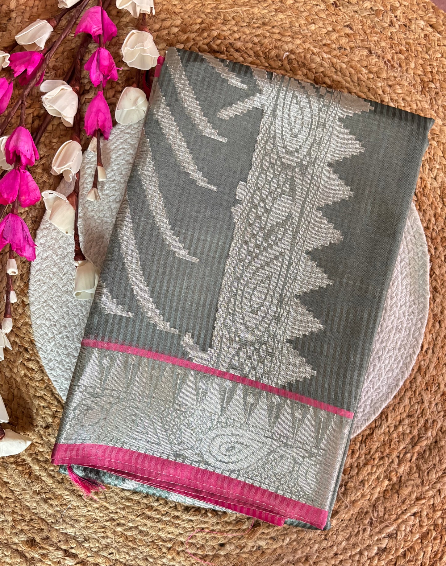 Sage green tissue silk saree