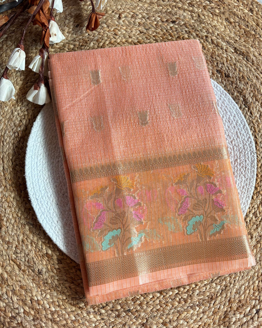 Peach Kora Banaras saree