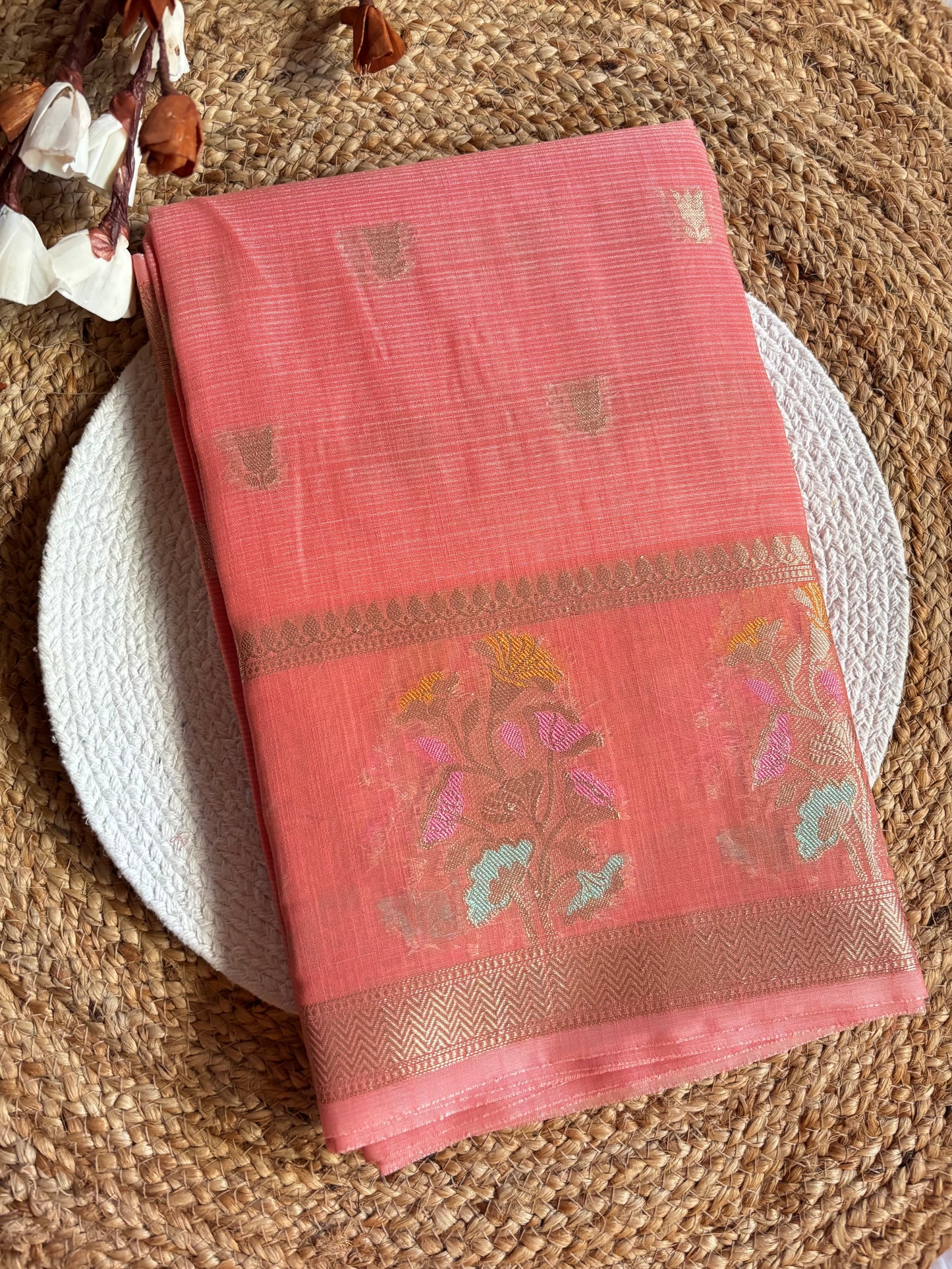 Pinkish orange Kora Banaras saree