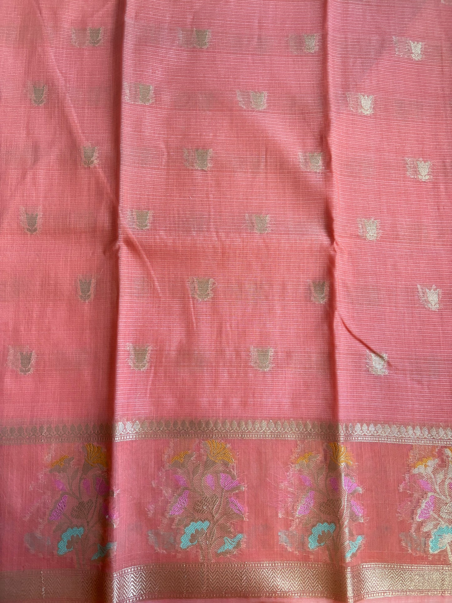 Pinkish orange Kora Banaras saree