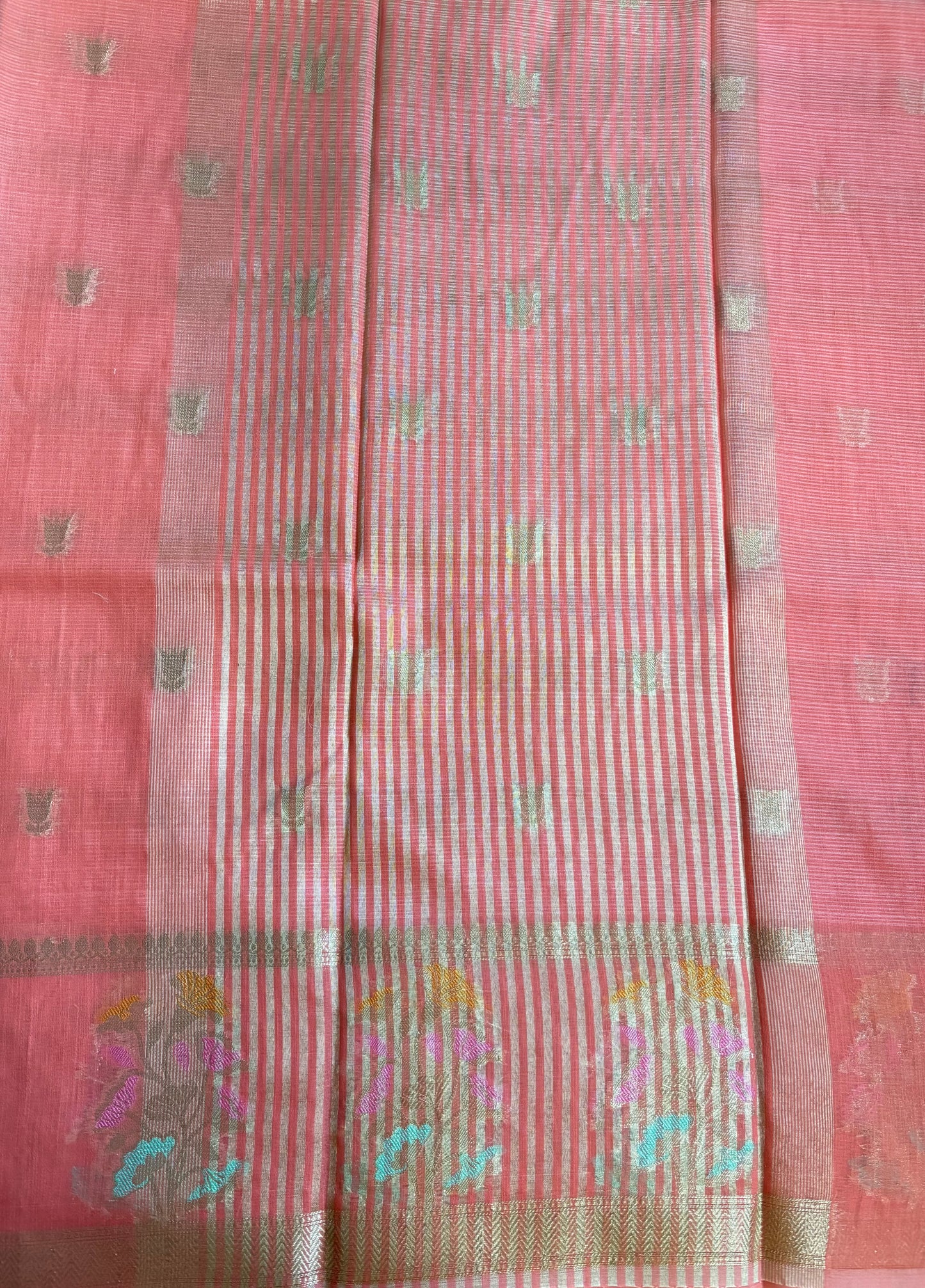 Pinkish orange Kora Banaras saree