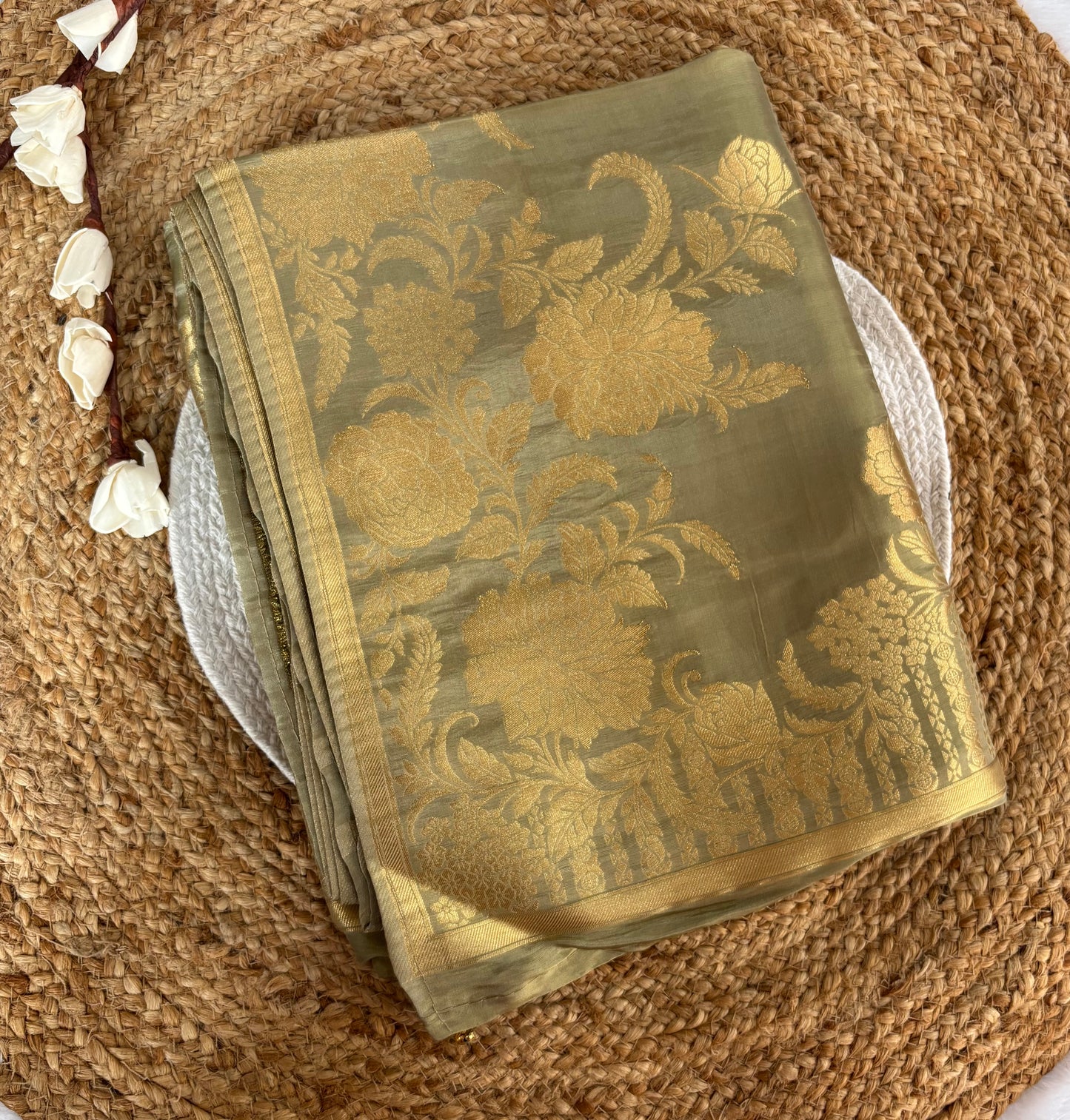 Olive green chinnon tissue silk saree