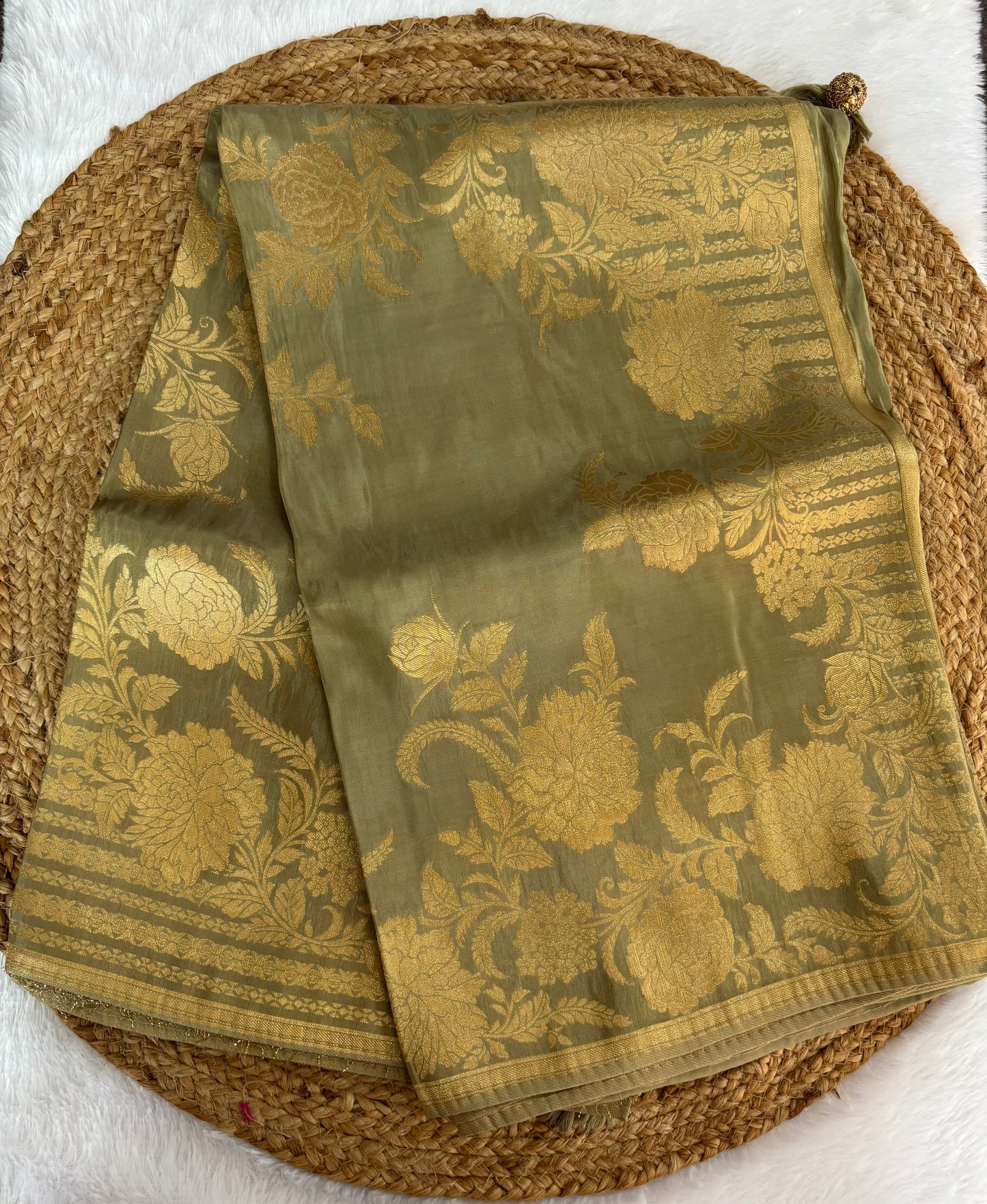Olive green chinnon tissue silk saree