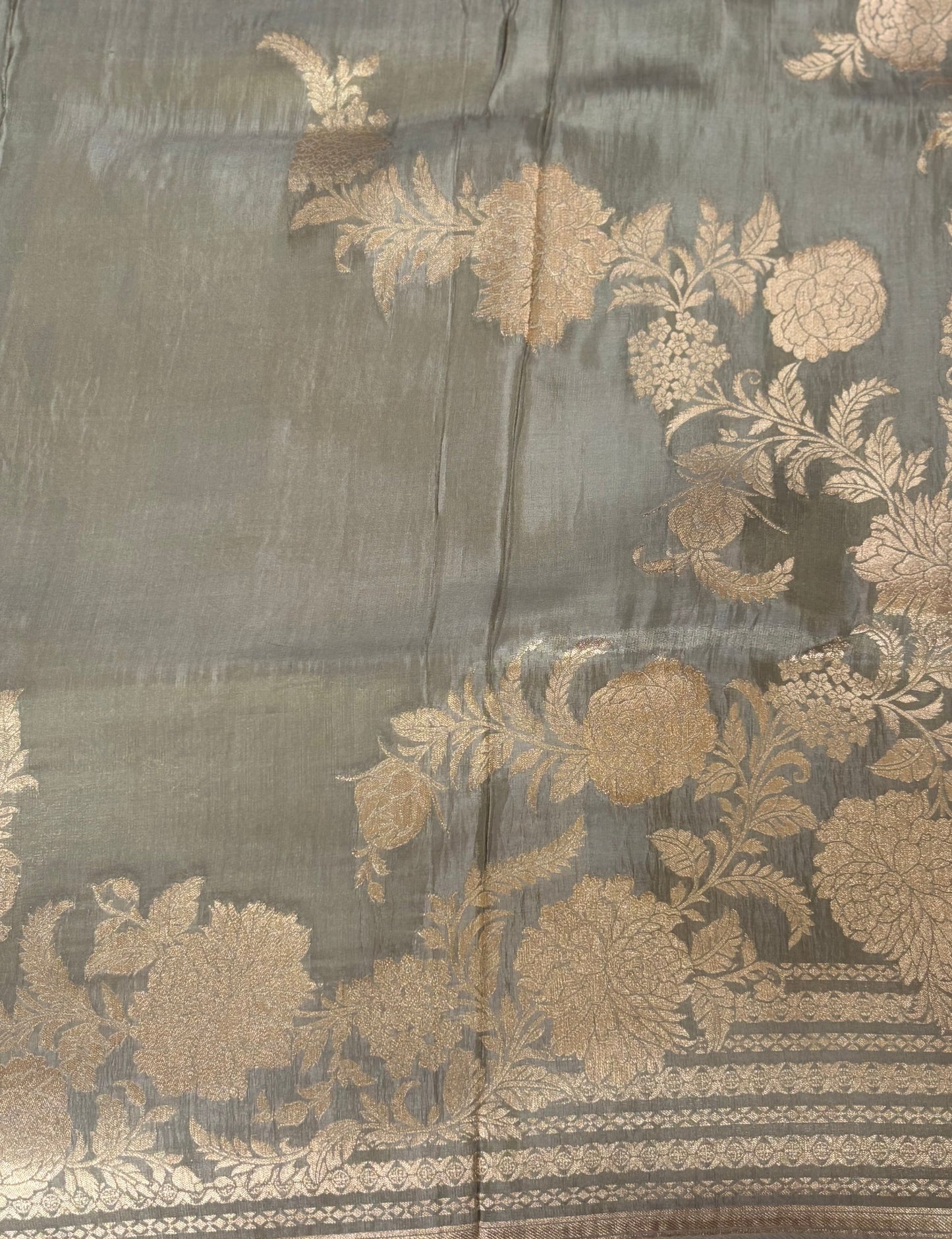 Olive green chinnon tissue silk saree