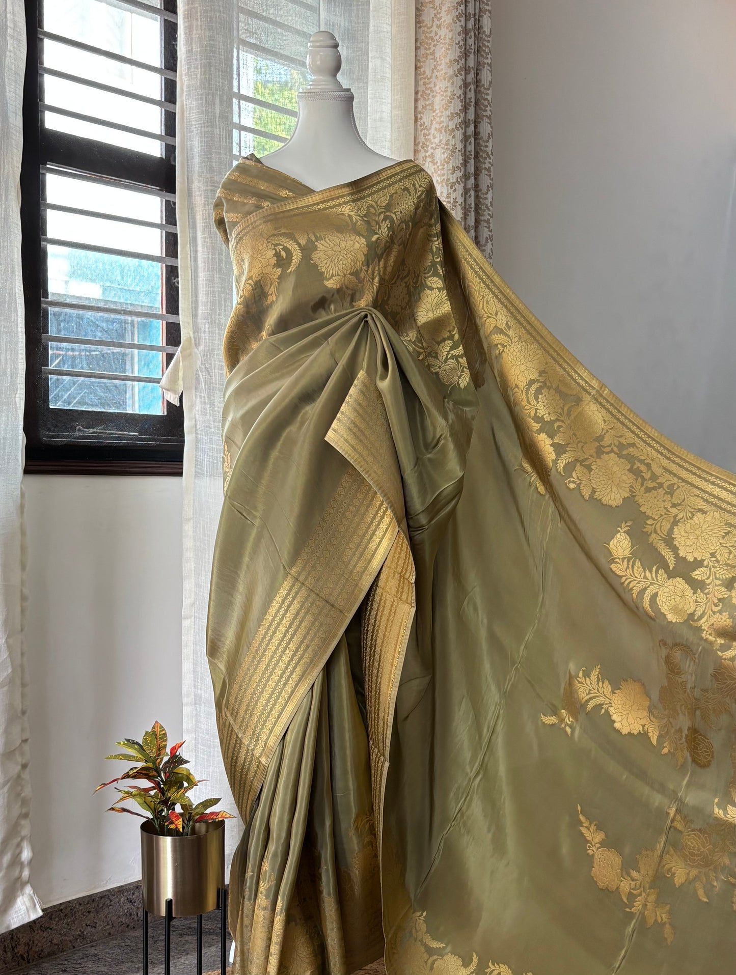 Olive green chinnon tissue silk saree