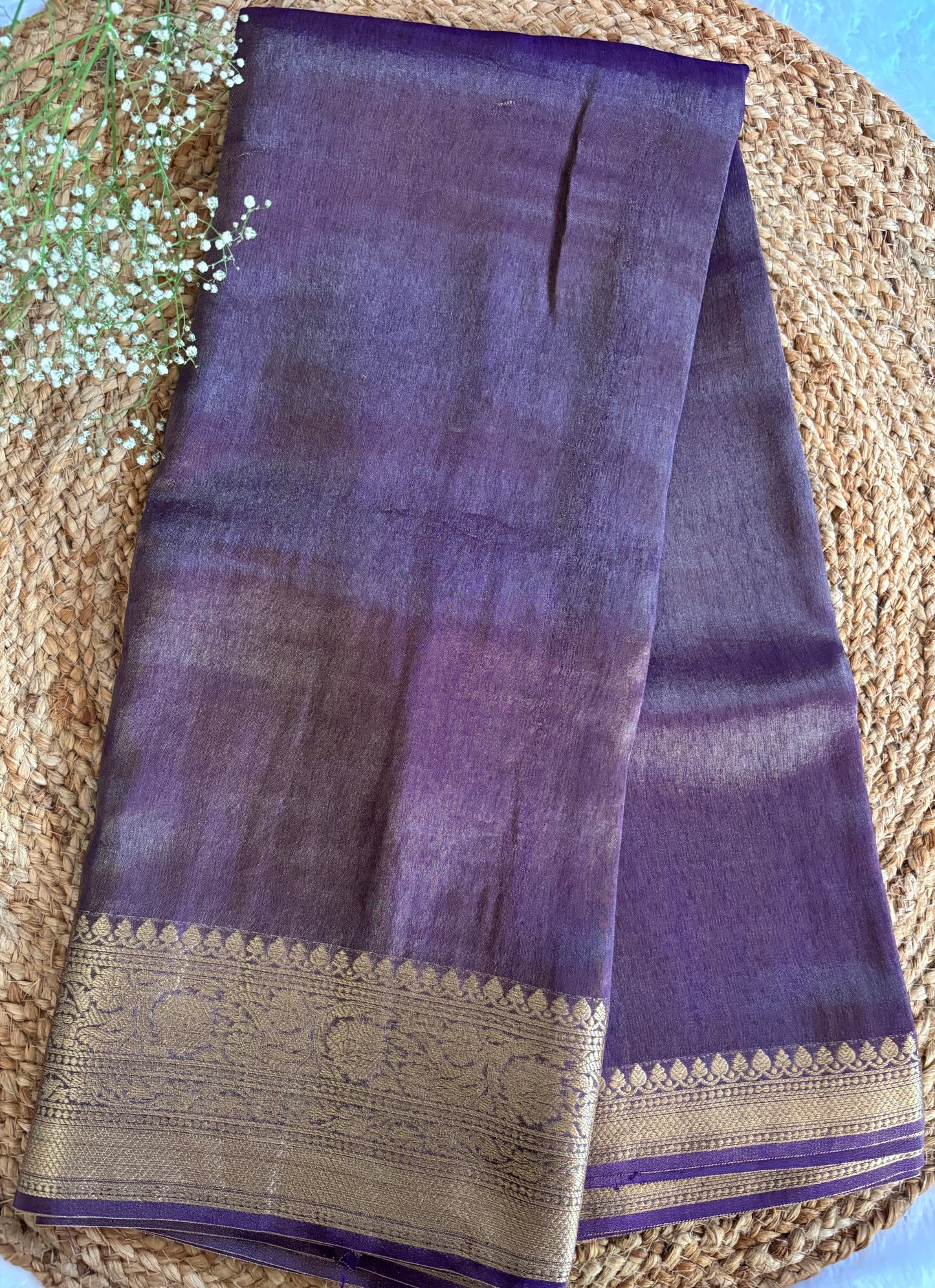 Purple satin tissue saree