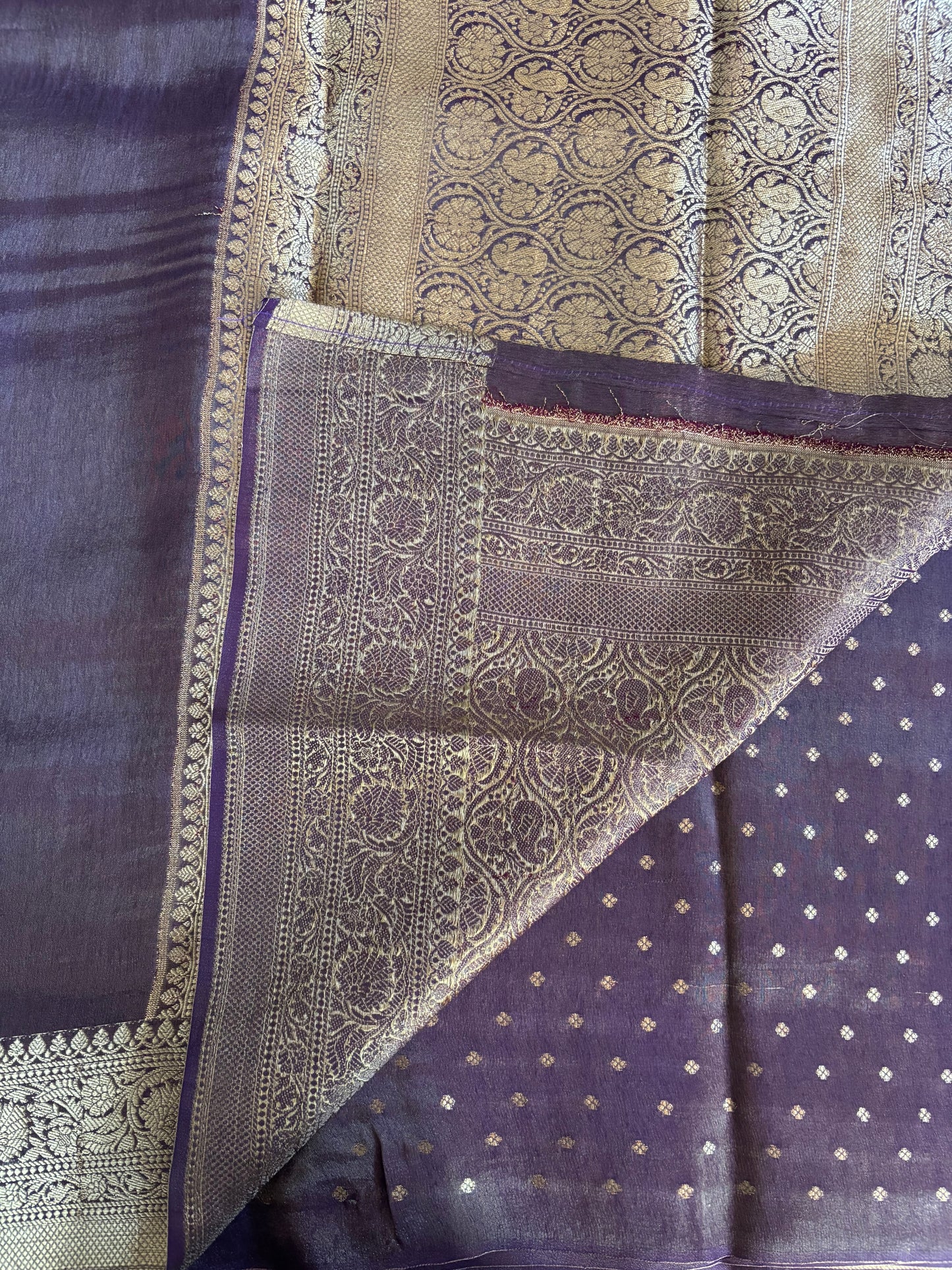 Purple satin tissue saree