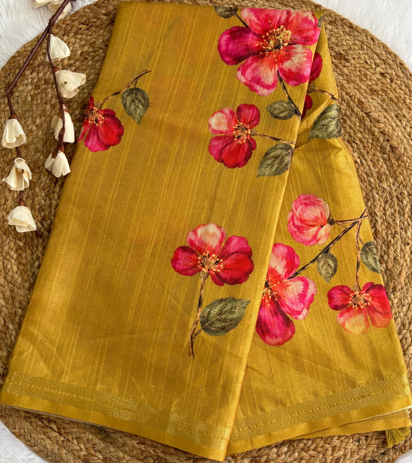 Mustard semi tussar with digital prints