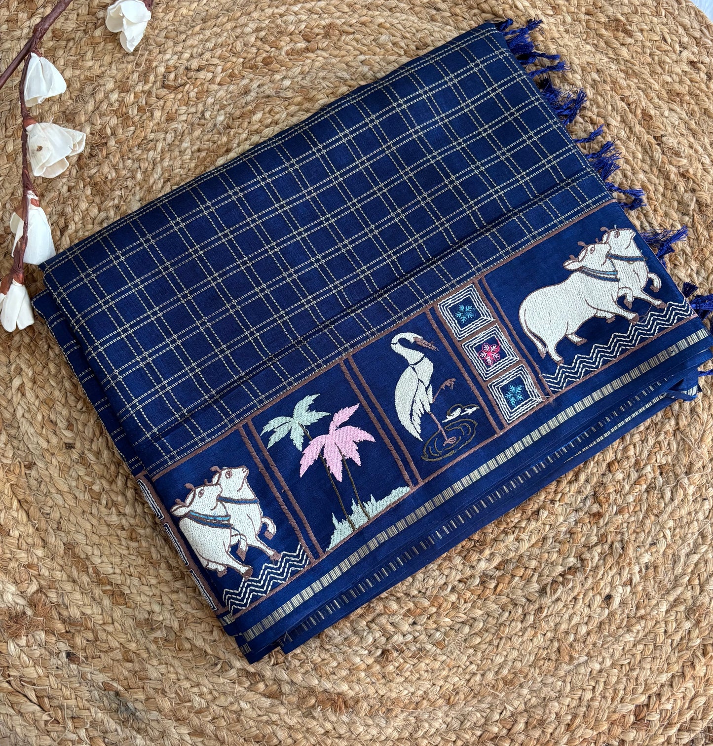 Navy Blue Pichwai tussar silk saree