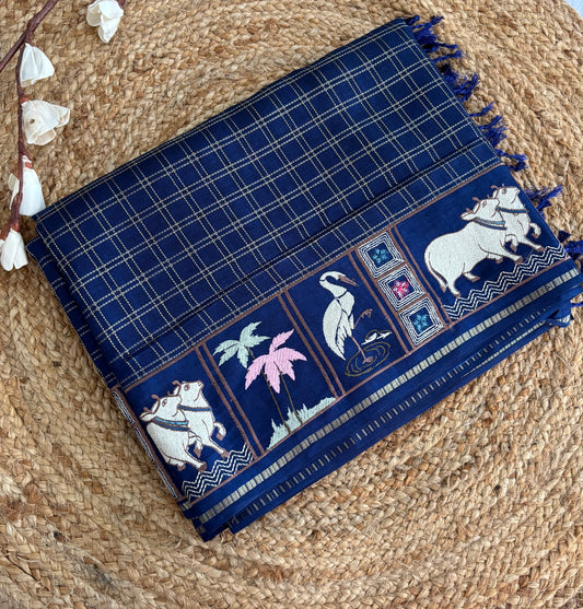 Navy Blue Pichwai tussar silk saree
