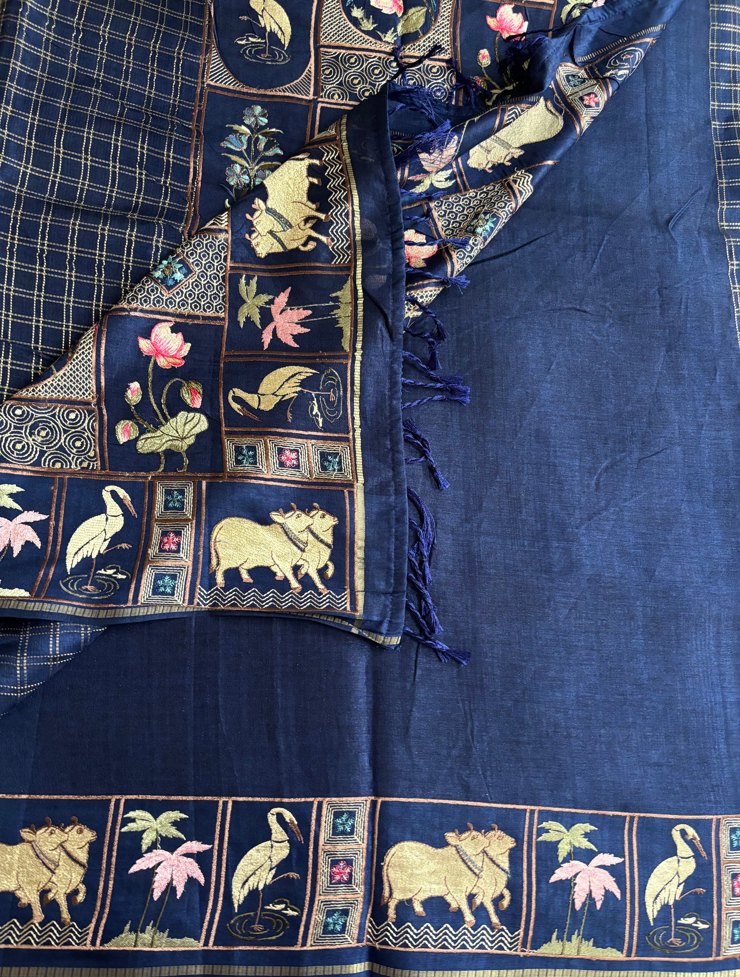 Navy Blue Pichwai tussar silk saree