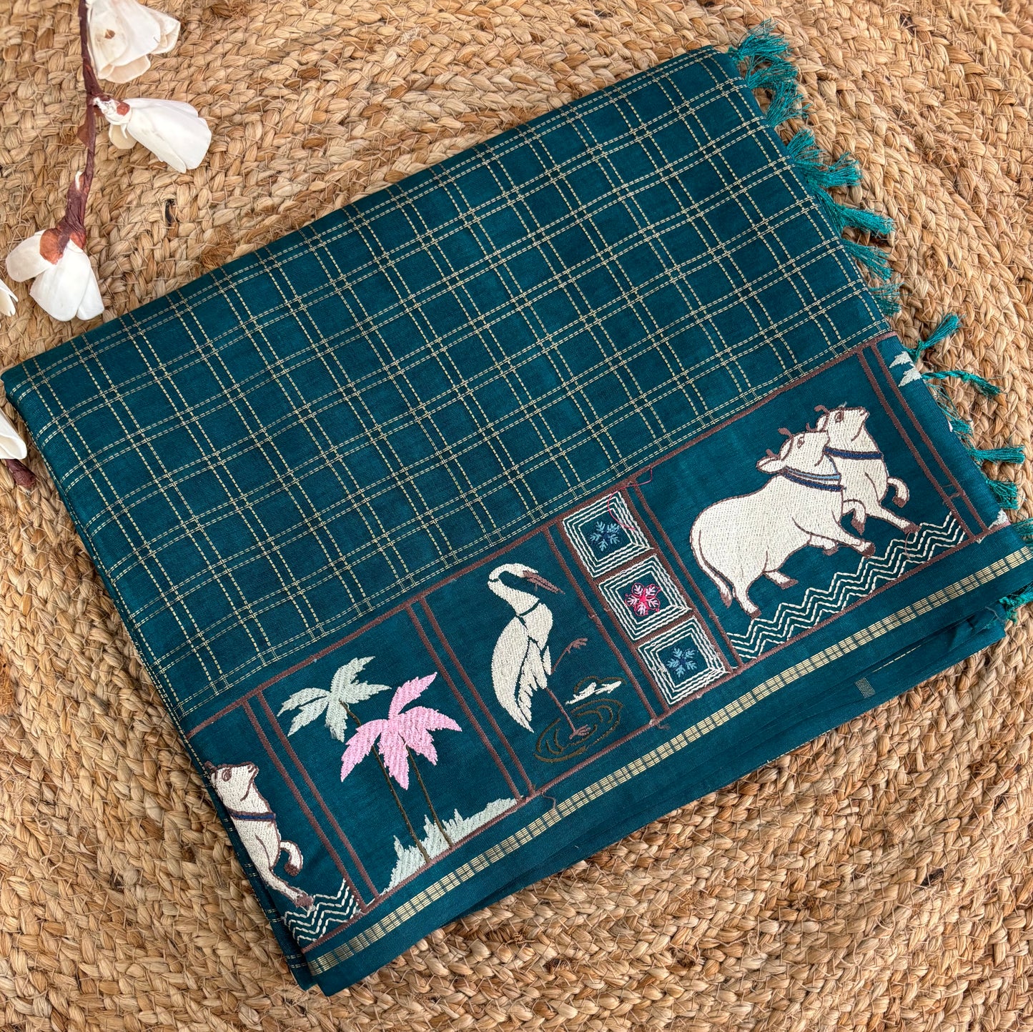 Teal green Pichwai tussar silk saree