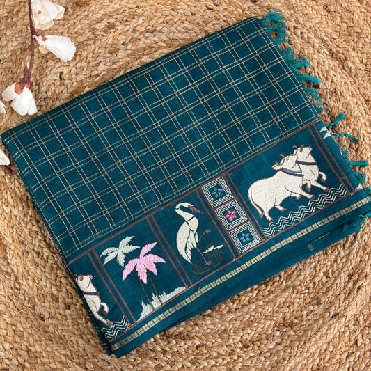 Teal green Pichwai tussar silk saree