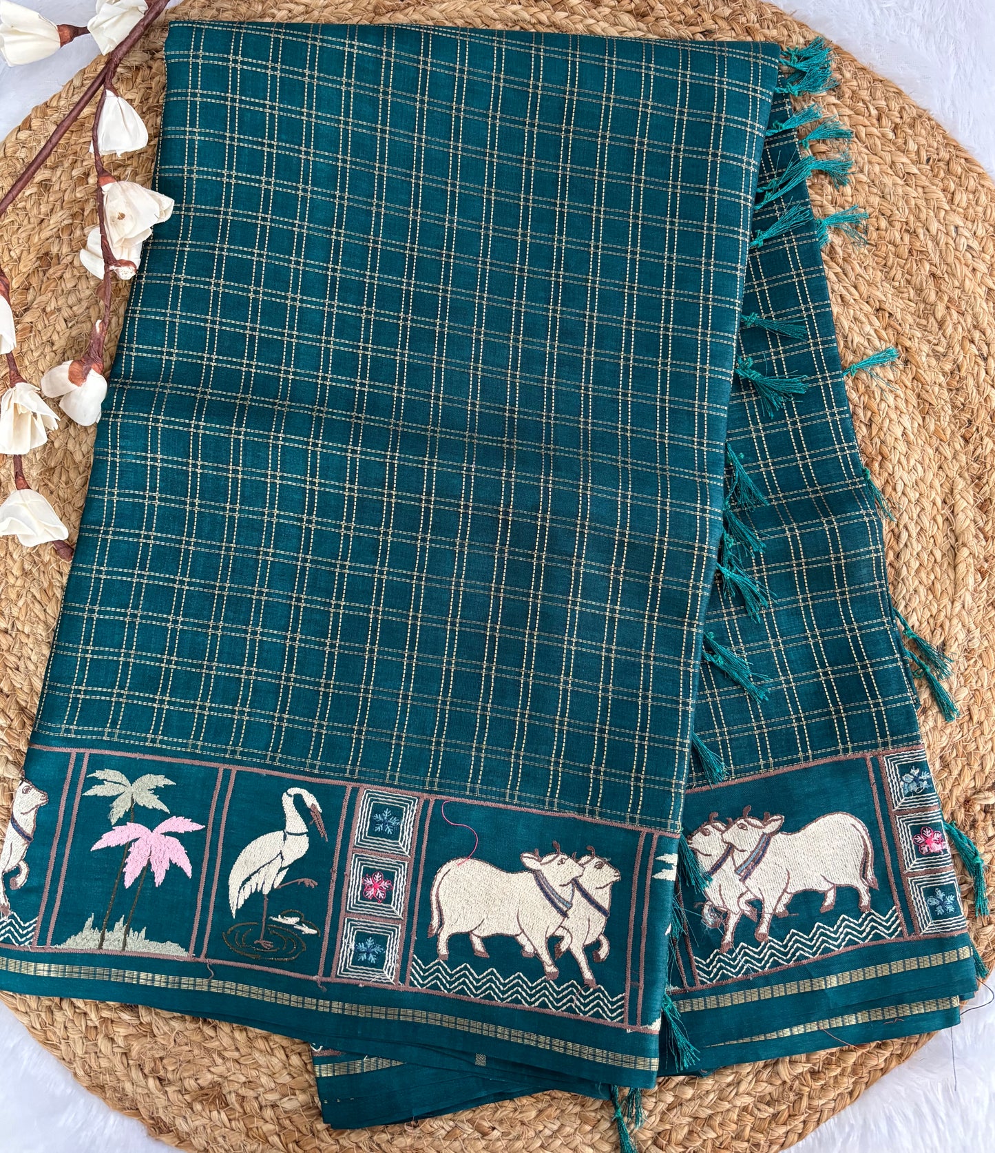 Teal green Pichwai tussar silk saree