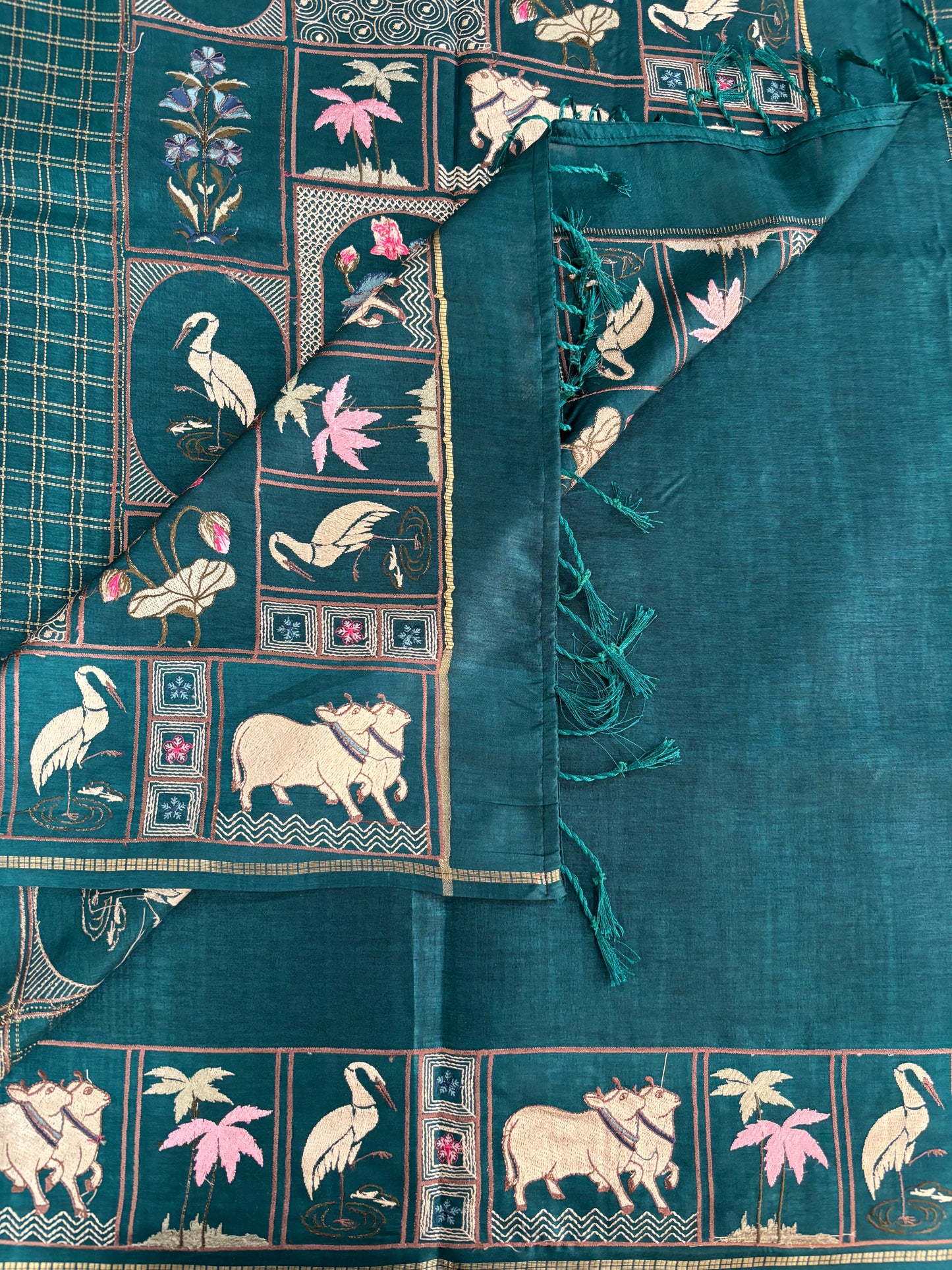 Teal green Pichwai tussar silk saree