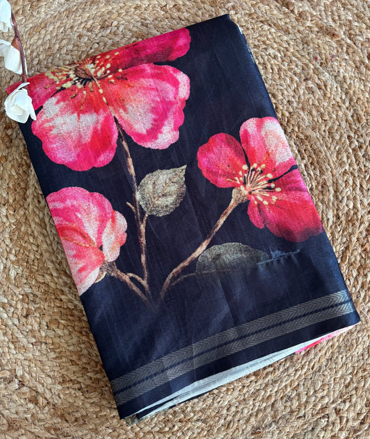 Black Semi tussar with digital prints
