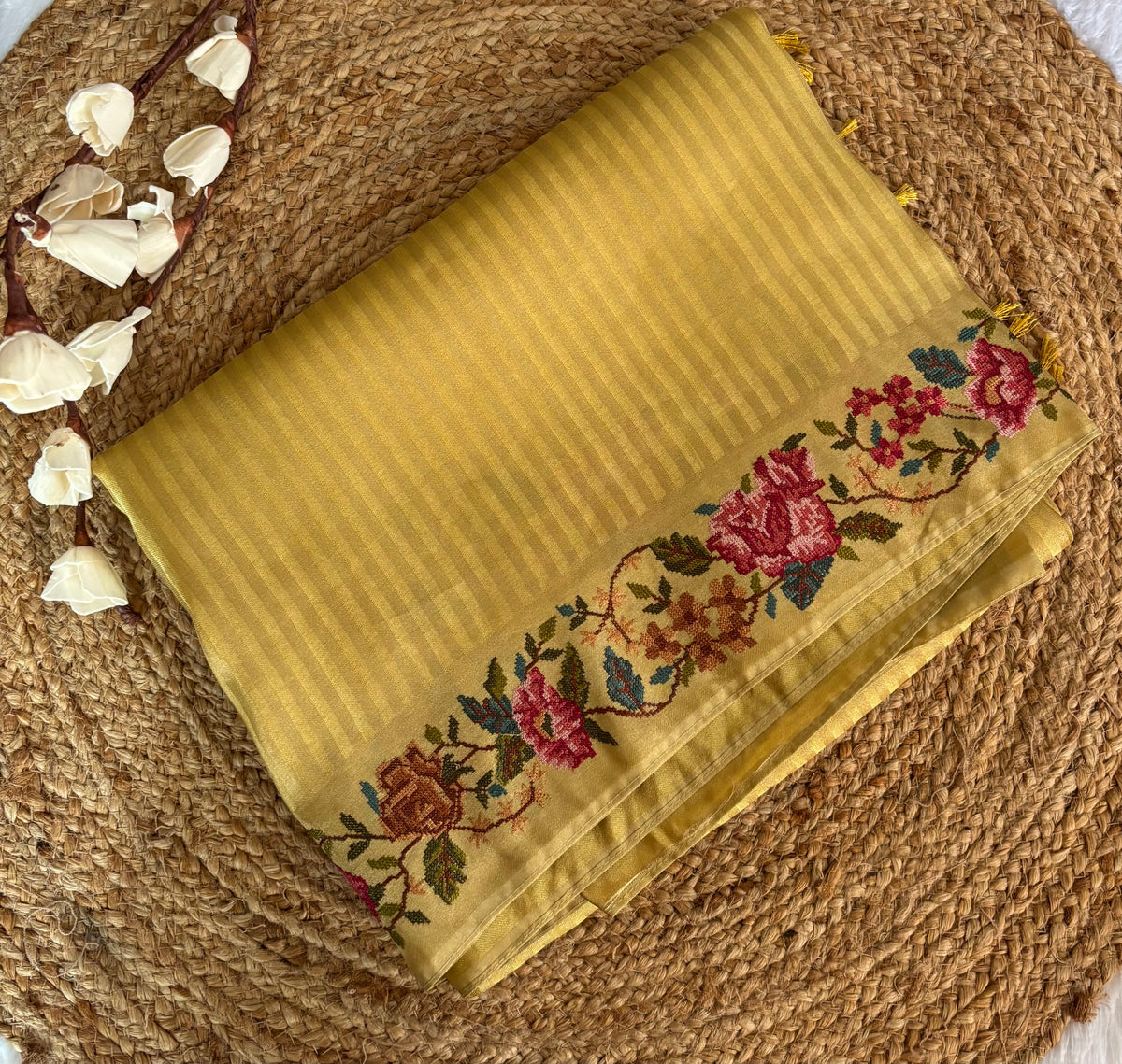 Mustard tissue silk saree with petite embroidery