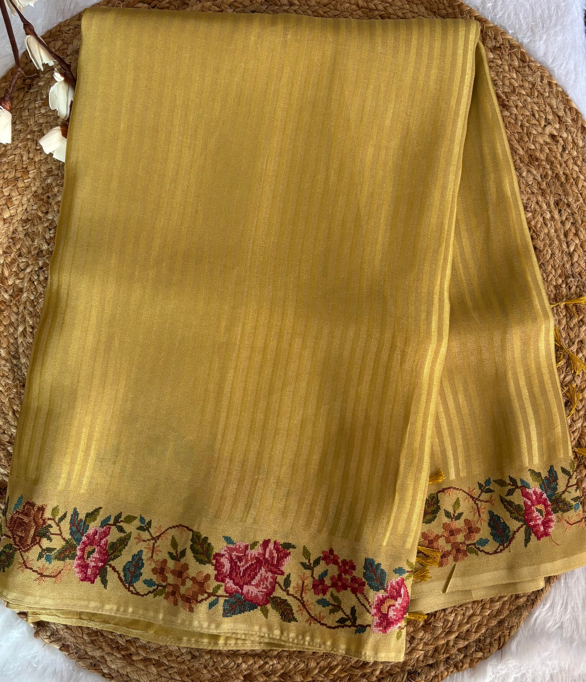 Mustard tissue silk saree with petite embroidery