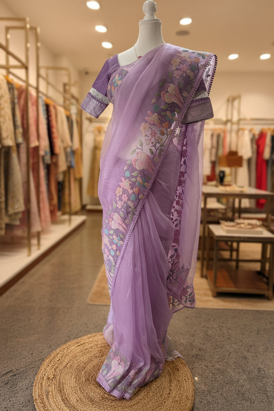 Lavender organza tissue saree