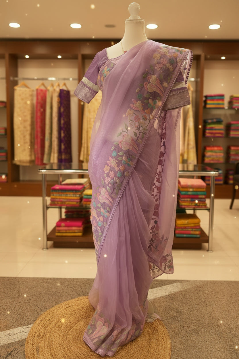 Powder blue organza tissue saree