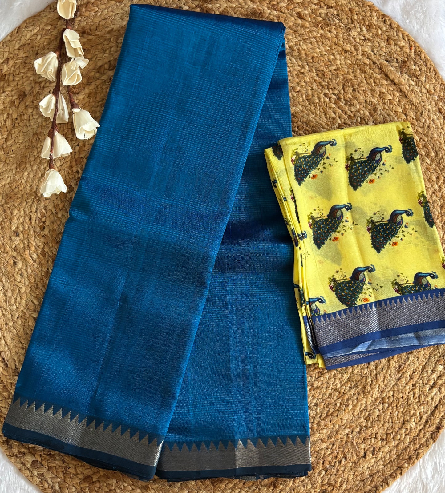 Royal blue Mangalgiri pattu with digital blouse