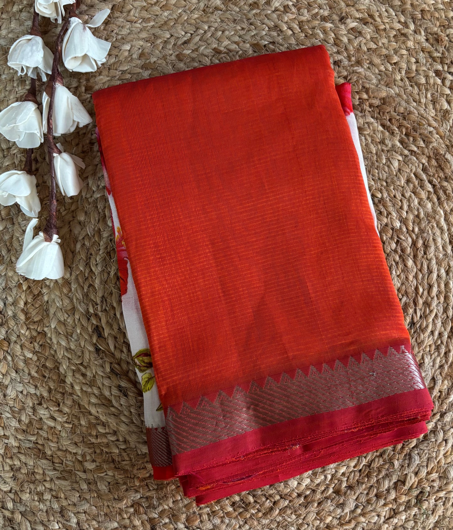 Orange Mangalgiri pattu with digital blouse