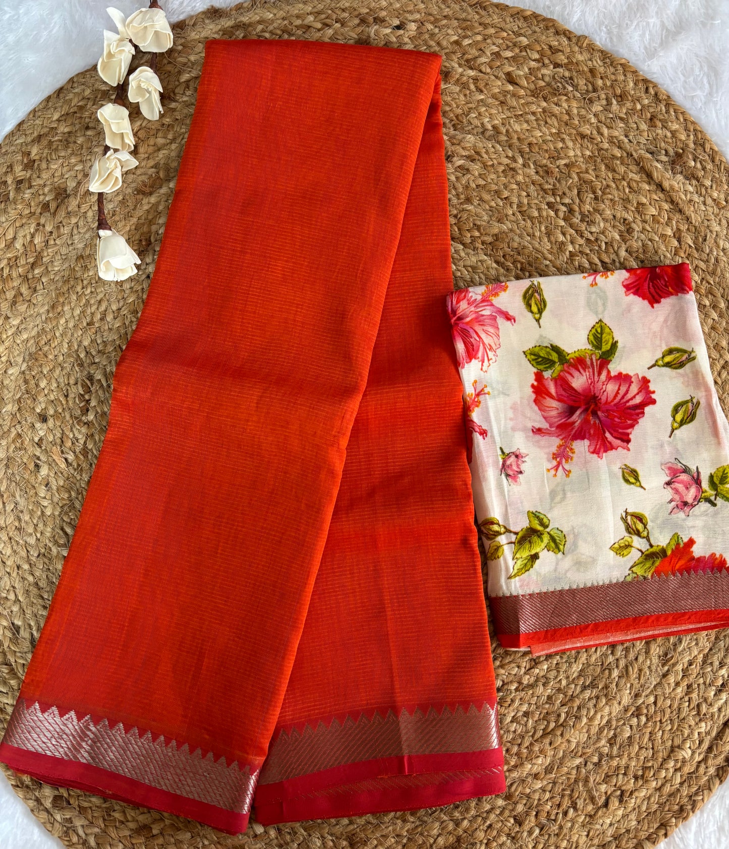 Orange Mangalgiri pattu with digital blouse